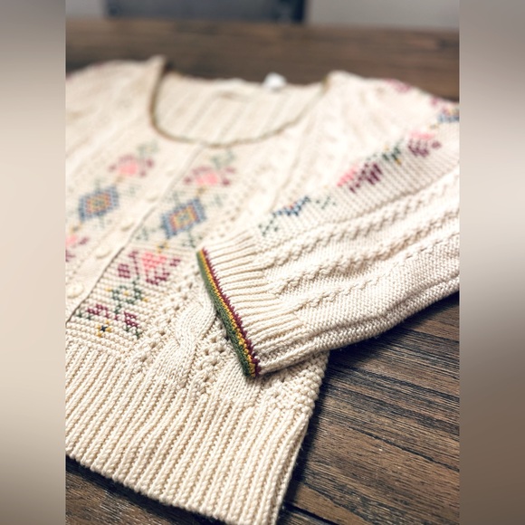 Anthropologie Guinevere Blue Ribbon Cardigan Size M Folksy Needlepoint Cableknit - Picture 9 of 13